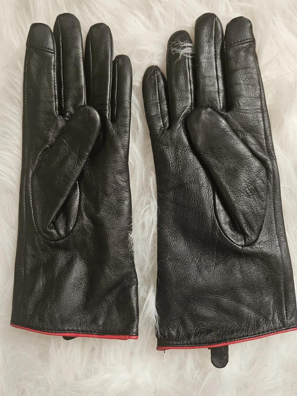 Black Leather Gloves with Red Trim, Size M